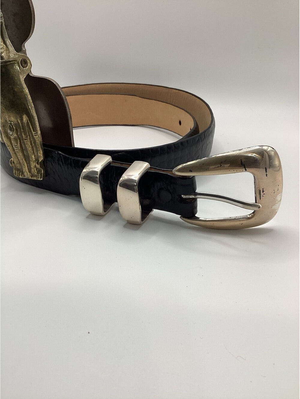 Genuine Italian Leather Western Belt Size 36  Lack Silver Buckle